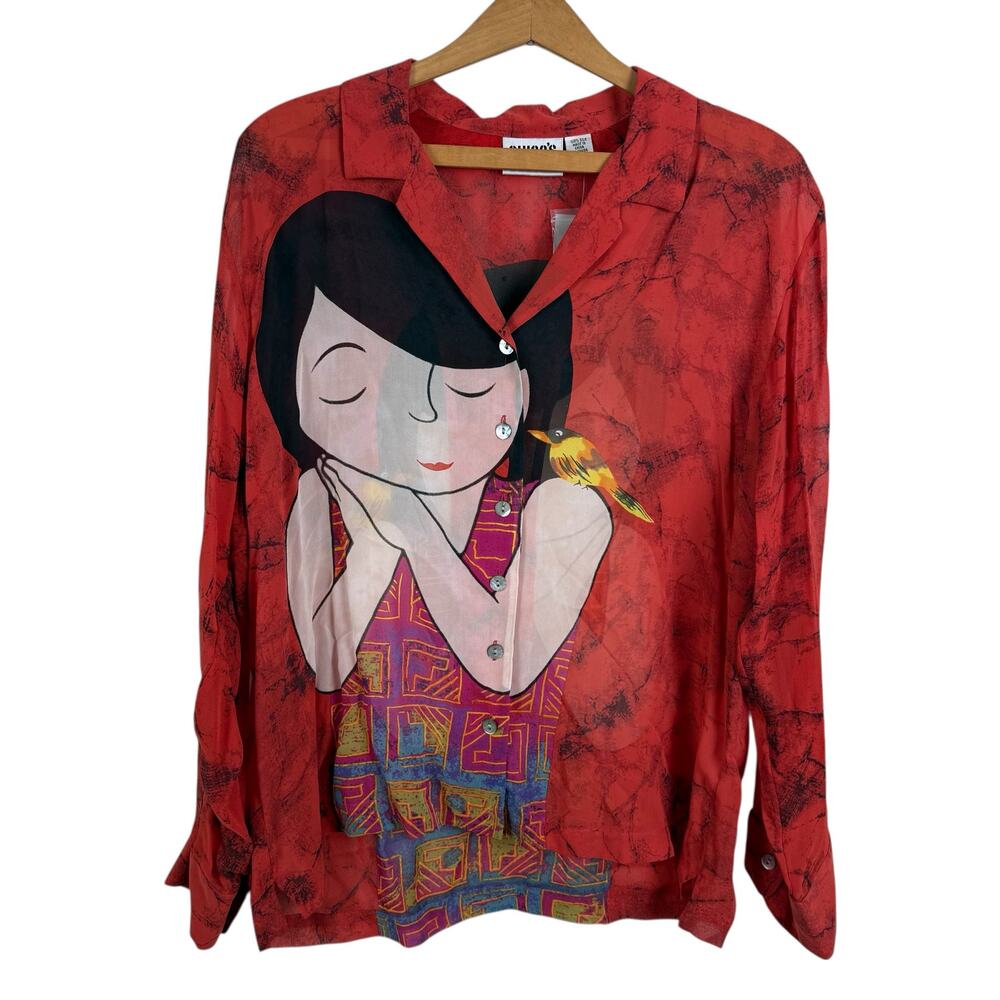 Chico's Design Women 100% Silk Top Size 1 (US 8/Medium) Sheer Novelty Artsy